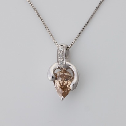 18ct White Gold / Platinum, 1.02ct Fancy Yellowish Brown Diamond Pendant on Platinum Chain