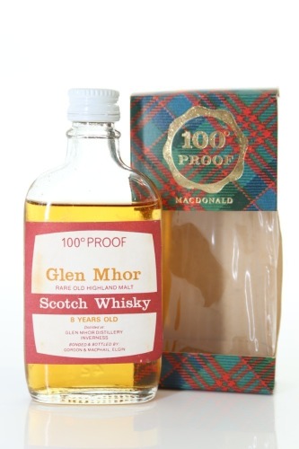 (1) Glen Mhor 8 Year Old 100 Proof Single Malt Scotch Whisky Miniature, 57.1% ABV, Circa. 1970's-80's (100 Proof Gordon & MacPhail Tartan Miniature) (GB)