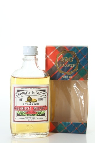 (1) George & J.G. Smith's Glenlivet 8 Year Old 100 Proof Single Malt Scotch Whisky Miniature, 57.1% ABV, Circa. 1970's-80's (100 Proof Gordon & MacPhail Tartan Miniature) (GB)