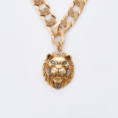 9ct Yellow Gold, 55cm Curb Link Chain with 0.02ct Diamond Set Lion Charm