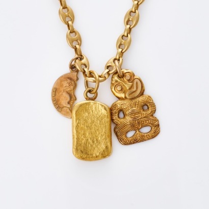 18ct Yellow Gold, 64cm Anchor Link Chain with 9ct-15ct Gold Pendants / 24ct Gold Bar