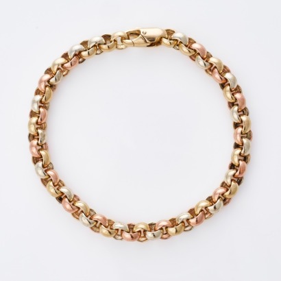 9ct Yellow / White / Rose Gold, 23cm Belcher Link Bracelet