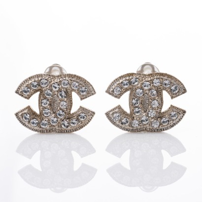 Chanel, CC Logo Crystal Clip-on Earrings