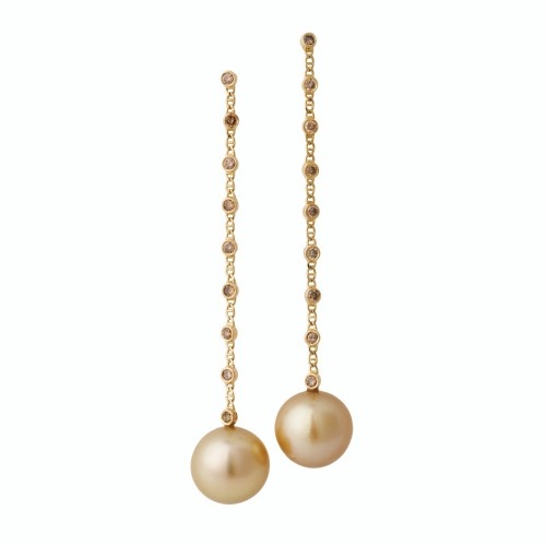 18ct Yellow Gold, 14.27mm Golden Pearl / 0.52ct Cognac Diamond Drop Earrings