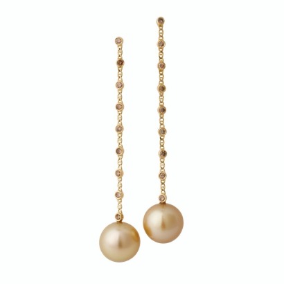 18ct Yellow Gold, 14.27mm Golden Pearl / 0.52ct Cognac Diamond Drop Earrings