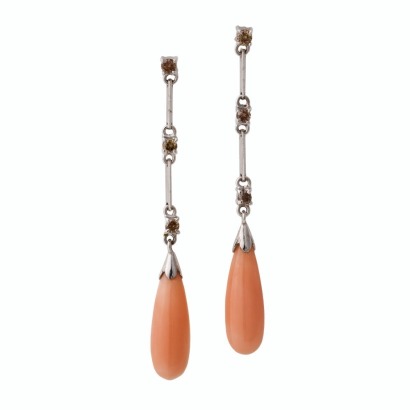 18ct White Gold, Pink Coral / 0.17ct Cognac Diamond Drop Earrings
