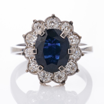 14ct White / Yellow Gold, Antique Style, 2.40ct Sapphire / 1.10ct Diamond Cluster Ring