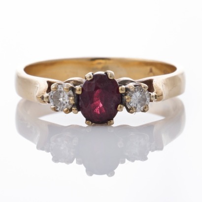 9ct Yellow Gold, Oval Ruby / 0.14ct Diamond Three Stone Ring