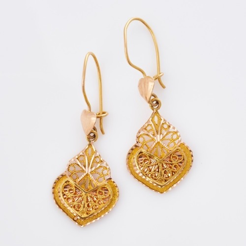 14ct Yellow Gold, Filigree Heart Drop Earrings