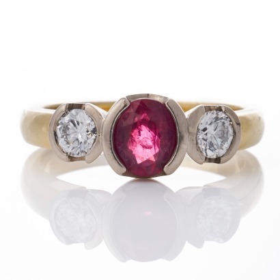 18ct Yellow / White Gold, 0.90ct Ruby / 0.40ct Diamond Three Stone Ring