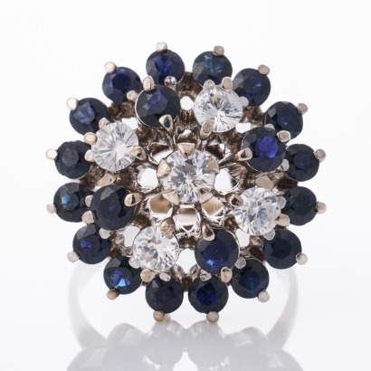 Silver / Palladium, Clear Stones / Sapphire Cluster Ring