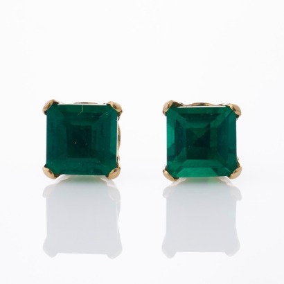 14ct Yellow Gold, Square Cut Synthetic Emerald Stud Earrings