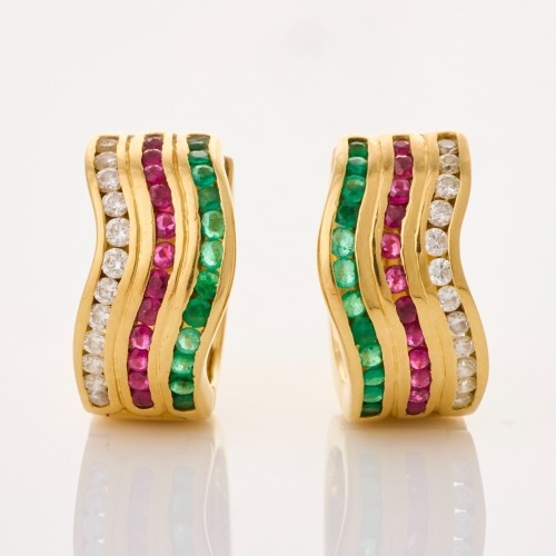 18ct Yellow Gold, 0.75ct Emerald / 0.60ct Ruby / 0.36ct Diamond Hoop Earrings