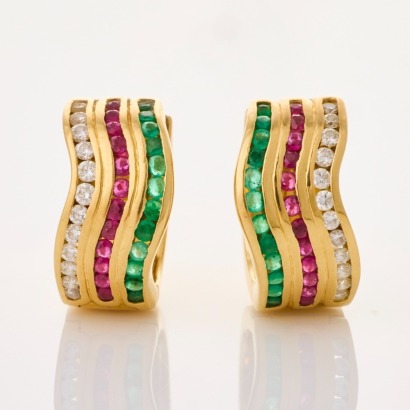 18ct Yellow Gold, 0.75ct Emerald / 0.60ct Ruby / 0.36ct Diamond Hoop Earrings