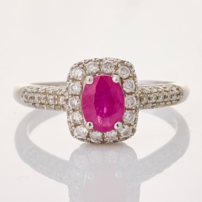 14ct White Gold, Modern, 0.90ct Ruby / 0.80ct Diamond Cluster Ring