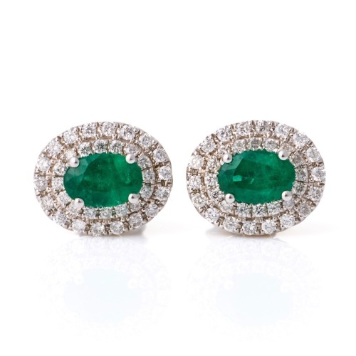 14ct White Gold, Modern, 0.68ct Emerald / 0.50ct Diamond / 0.06ct Sapphire Cluster Earrings