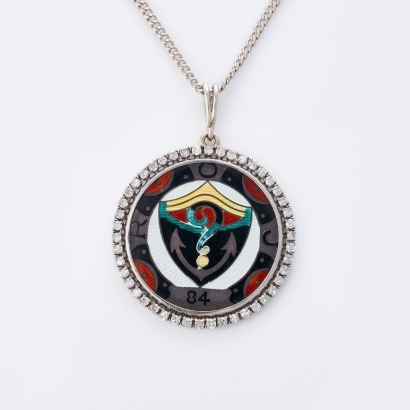 18ct White Gold, 1.38ct Diamond / Enamel Pendant on 14ct White Gold, 52cm Curb Link Chain