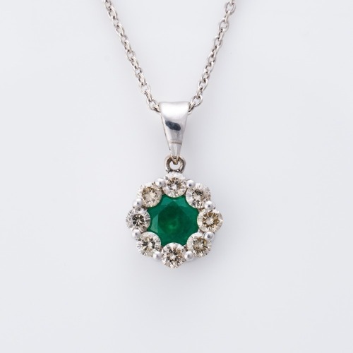Walker & Hall, 18ct White Gold, 0.50ct Emerald / 0.40ct Diamond Cluster Pendant on 9ct White Gold Chain