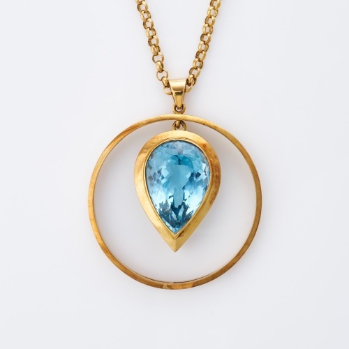 18ct Yellow Gold, 38.50ct Blue Topaz Pendant on 50cm Belcher Link Chain with Box