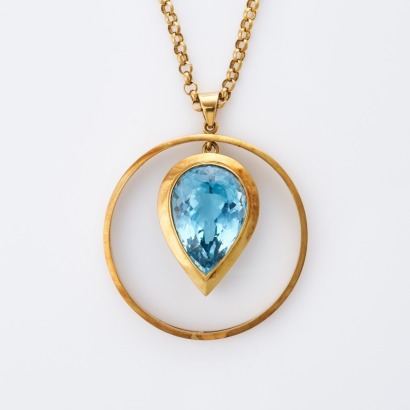 18ct Yellow Gold, 38.50ct Blue Topaz Pendant on 50cm Belcher Link Chain with Box
