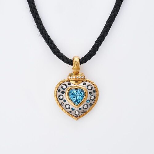 Natahsa C, 18ct Yellow / White Gold, 0.24ct Diamond / Blue Topaz Heart Pendant / Enhancer on 41cm Silk Cord