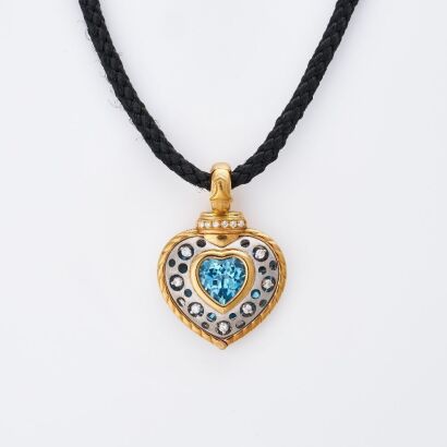 Natahsa C, 18ct Yellow / White Gold, 0.24ct Diamond / Blue Topaz Heart Pendant / Enhancer on 41cm Silk Cord