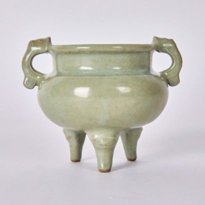 A Chinese Song Dynasty Longquan Celadon Handled Tripod Censer