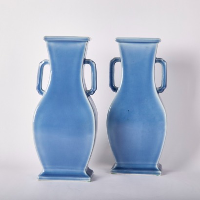 A Pair of Chinese Qing Dynasty Celadon Handled Square Vases (Qing Dynasty Yongzheng Year Mark)