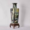 A Chinese Qing Dynasty Black-ground Sancai Square Vase (Qing Dynasty Kangxi Year Mark) (With Original Wooden Stand) - 4