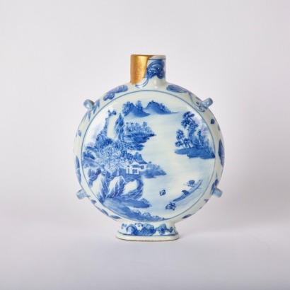 A Chinese 18th Century Late Qing Dynasty Blue and White Landscape Moon Flask (Qing Dynasty Jiaqing Year Underglaze-blue Mark)