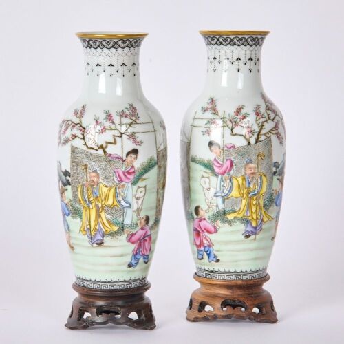 A Pair of Chinese Early 20th Century Republic Period Famille Rose &lsquo;Historical Figures&rsquo; Eggshell Porcelain Vases (Qianlong Year Marks) (With Original Wooden Stands)