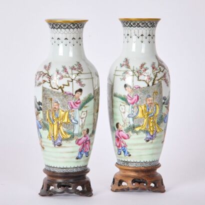 A Pair of Chinese Early 20th Century Republic Period Famille Rose &lsquo;Historical Figures&rsquo; Eggshell Porcelain Vases (Qianlong Year Marks) (With Original Wooden Stands)