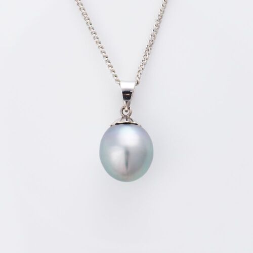 14ct White Gold, Tahitian, Silver Colour Pearl Pendant on 44cm Silver-tone Curb Chain