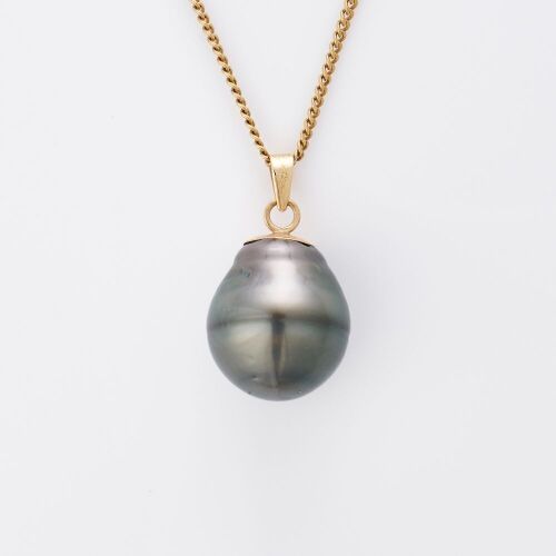 9ct Yellow Gold, 13.3mm Tahitian Black Pearl Pendant on 45cm Gold-plated Chain