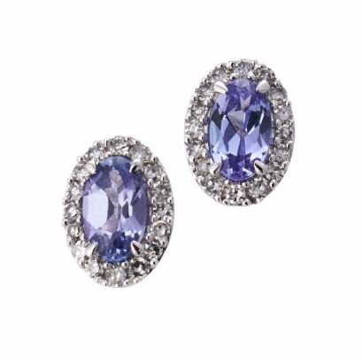 Michael Hill, 10ct White Gold, Oval Cut Tanzanite / 0.12ct Diamond Halo Stud Earrings
