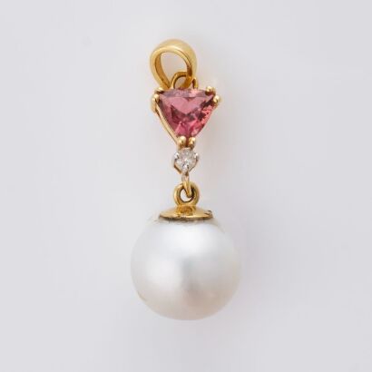 14ct Yellow Gold, Trilliant Cut Pink Tourmaline / 9mm Semi Round Pearl / .02ct Diamond Pendant - Near new