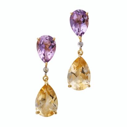 14ct Yellow Gold, Modern, Citrine / Amethyst / .02ct Diamond Drop Earrings