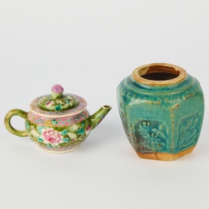 A Chinese 19th Century Qing Dynasty Famille Rose Bird and Flower Teapot AND A Celadon-Glazed Jar