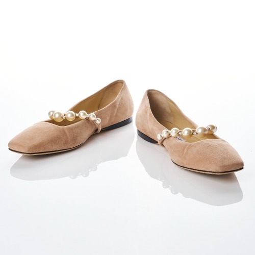 Jimmy Choo, Nude Suede Pearl Embellished Mary Jane Flats, Size 37