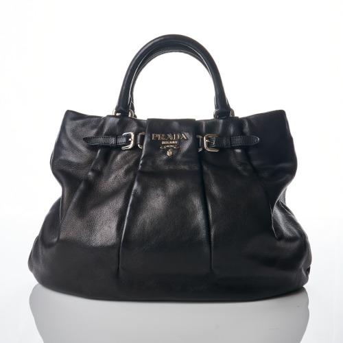 Prada, Nero Soft Calf Leather Pleated Tote Bag