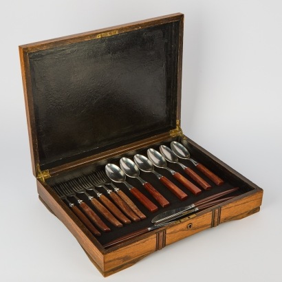 A Set of Wood Handled Cutlery with Wood Box