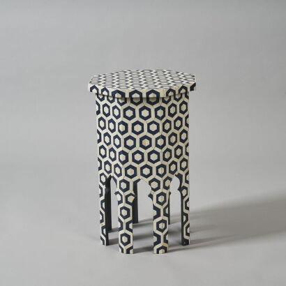 A Dark Navy and White Moroccan Style Bone Inlaid Side Table