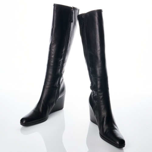 Prada Sport, Black Leather Knee High Wedge Boots, Size 40.5