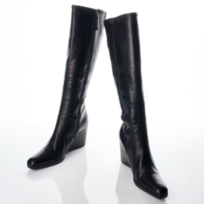 Prada Sport, Black Leather Knee High Wedge Boots, Size 40.5