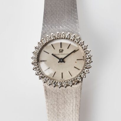 Diamond / 18ct White Gold Cased, Girard -Perregaux Hand-wound Wristwatch on Silver / Gold / Palladium Alloy Bracelet, circa 1960's