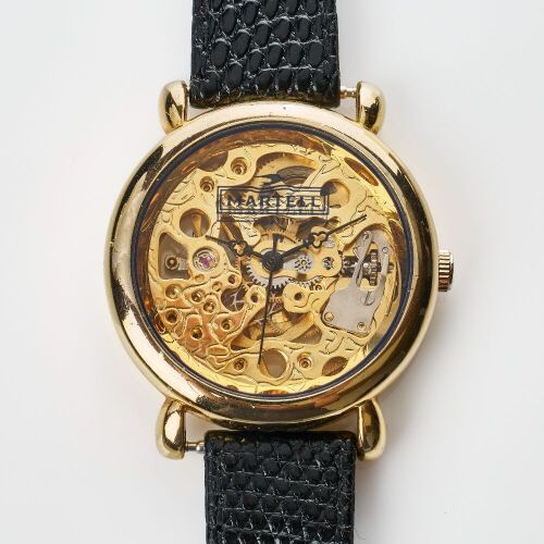 Gold Plated, Martell (Cognac) Branded Skeletonised Hand-wound Wristwatch, circa late C20th