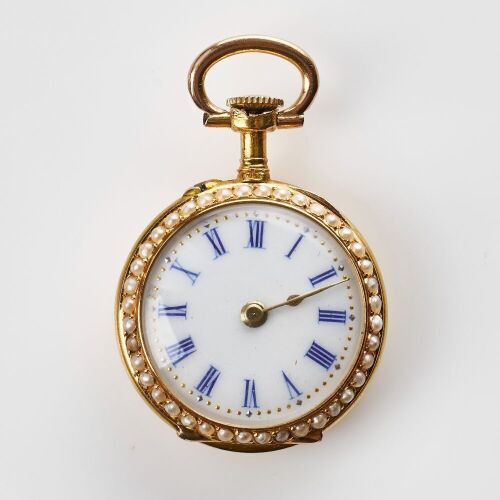 18ct Yellow Gold / Seed Pearl, Swiss made Benrus Ladies Fob Watch, circa early C20th