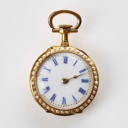 18ct Yellow Gold / Seed Pearl, Swiss made Benrus Ladies Fob Watch, circa early C20th