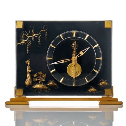 Luctie / Brass, Jaeger-LeCoultre Marina Mantel clock ref 349 Oriental Geisha Willow Scene with Box, circa 1960's