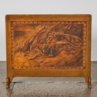 Vintage Handtooled Leather & Wooden Firescreen